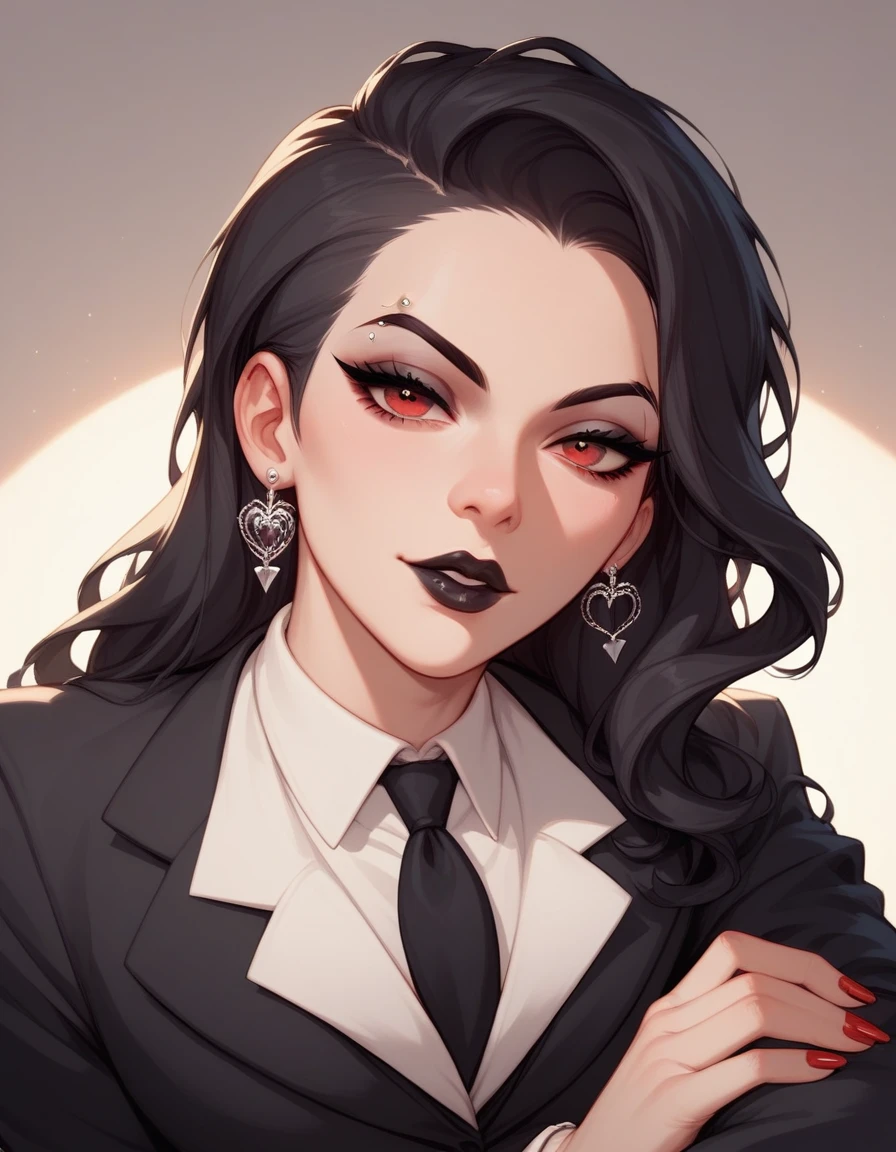 mafia, long black hair with elastic, eyebrow piercing, scarlet red eyes, Black Lipstick,  long lashes, black suit