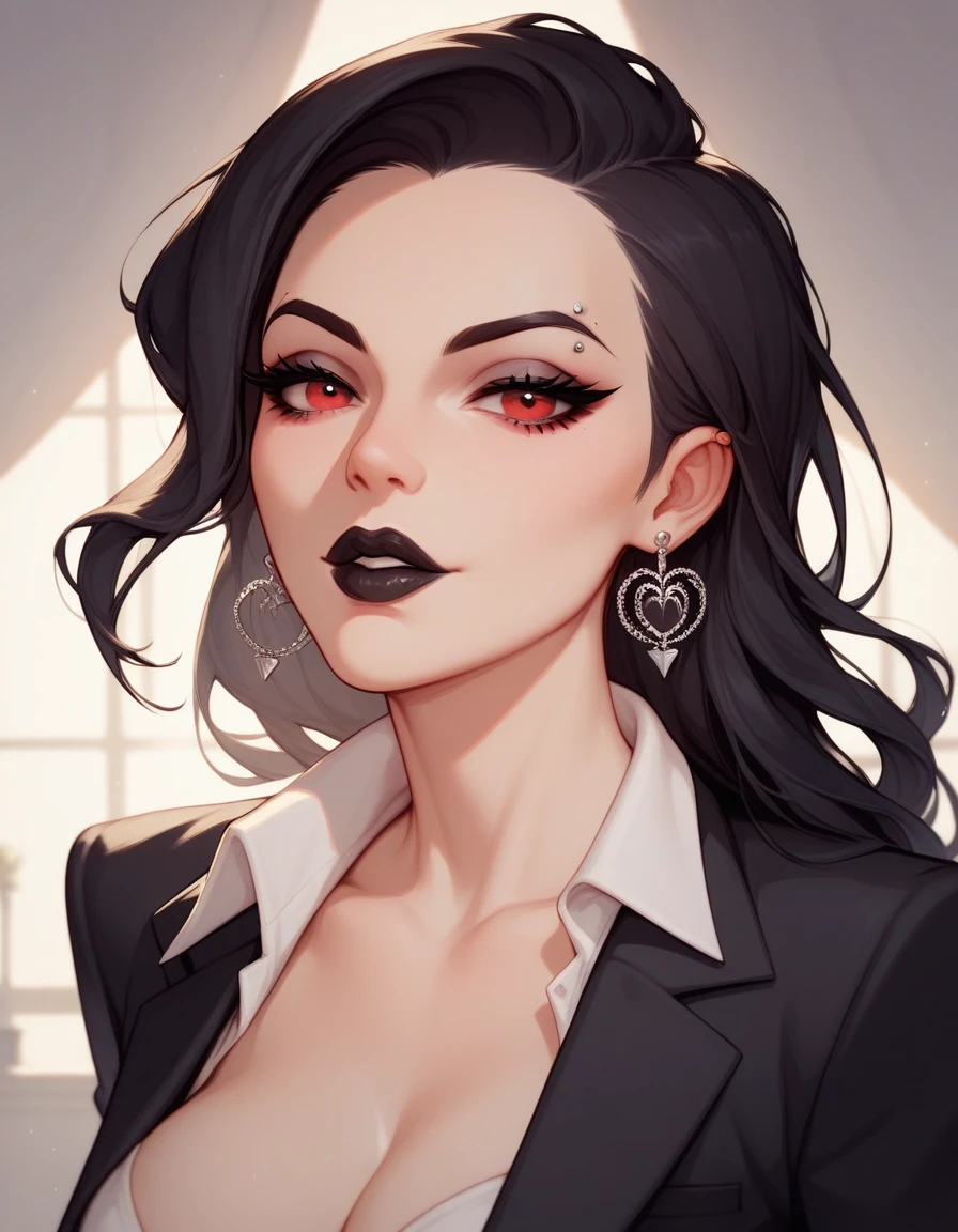 mafia, long black hair with elastic, eyebrow piercing, scarlet red eyes, Black Lipstick,  long lashes, black suit