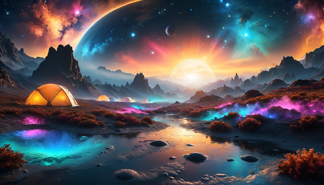 "A serene cosmic vista showcasing a system of multiple exoplanets, each with unique atmospheric colors and rings, surrounded by faint clouds of cosmic dust and star clusters, vibrant and glowing aesthetic, inspired by astronomical photography, ultra-realistic rendering, soft and ambient lighting, ultra-HD resolution."
