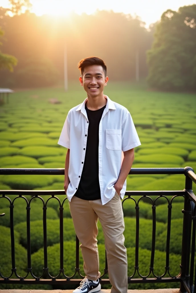  Photo of a handsome Indonesian man 25 years old with short brown hair, clean face,  and a cheerful sweet smile .  He was wearing a neat and modern short-sleeved white shirt , kaus oblong hitam, Beige chinos ,  and white Nike or Converse sneakers .  He was standing on a black or silver iron balcony on the second floor of a house .  The man was in a large tea garden and was looking at the camera .  The background was a beautiful tea garden sunrise 