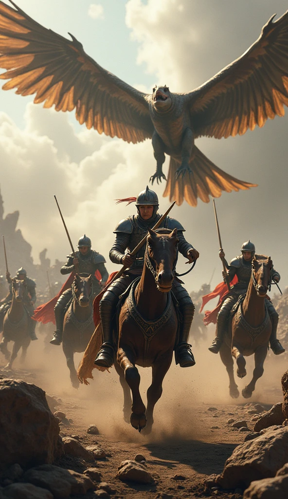 /imagine the low angle shot of a back/rear view of vast army of realistic intricately detailed medieval fantasy armored knights mounted on heavily armoured medieval horses holding banners/flags that are raised high in the air waving in the wind heading for a distant realistic intricately detailed medieval fantasy city with tall/high walls surrounding it carved into the mountains featuring a realistic intricately detailed beautifully sunlit sunset clouds and a flight of giant realistic intricately detailed black wyverns with enormous wingspans flying high in the distant sky background : cinematic lighting, dynamic lighting blends seamlessly with natural light, ultra HD resolution, photography, photorealistic quality, high details, golden yellow monochromatic atmospheric color grading, extreme atmospheric haze/fog, foggy ambience/atmosphere, realistic movie scene.