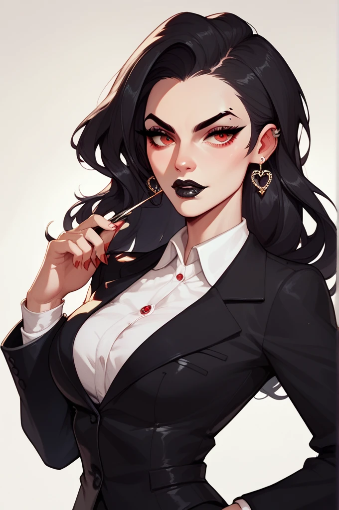 mafia, long black hair with elastic, eyebrow piercing, scarlet red eyes, Black Lipstick,  long lashes, black suit