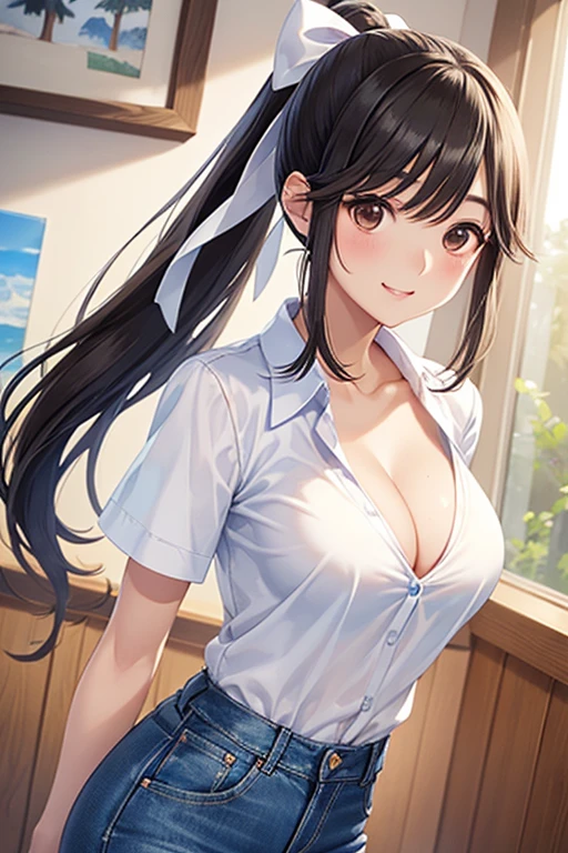 Takane Manaka、  shiny brown long hair、 ribbon ponytail、 beautiful brown eyes 、smile、Sparkling Eyes, (fine grain)、 Highly Detailed Eyes、Highly detailed faces,  Highly Detailed Eyes, masterpiece,  best quality,  high definition , ( best quality,masterpiece:1.2),Alone,Alone、 cowboy shot、nsfw,


1 female, 20 years old ,  beautiful collarbone , Beautiful breasts,  perfect anatomy:1.3, perfect anatomy、(Cleavage、 short-sleeved white shirt、Denim pants)