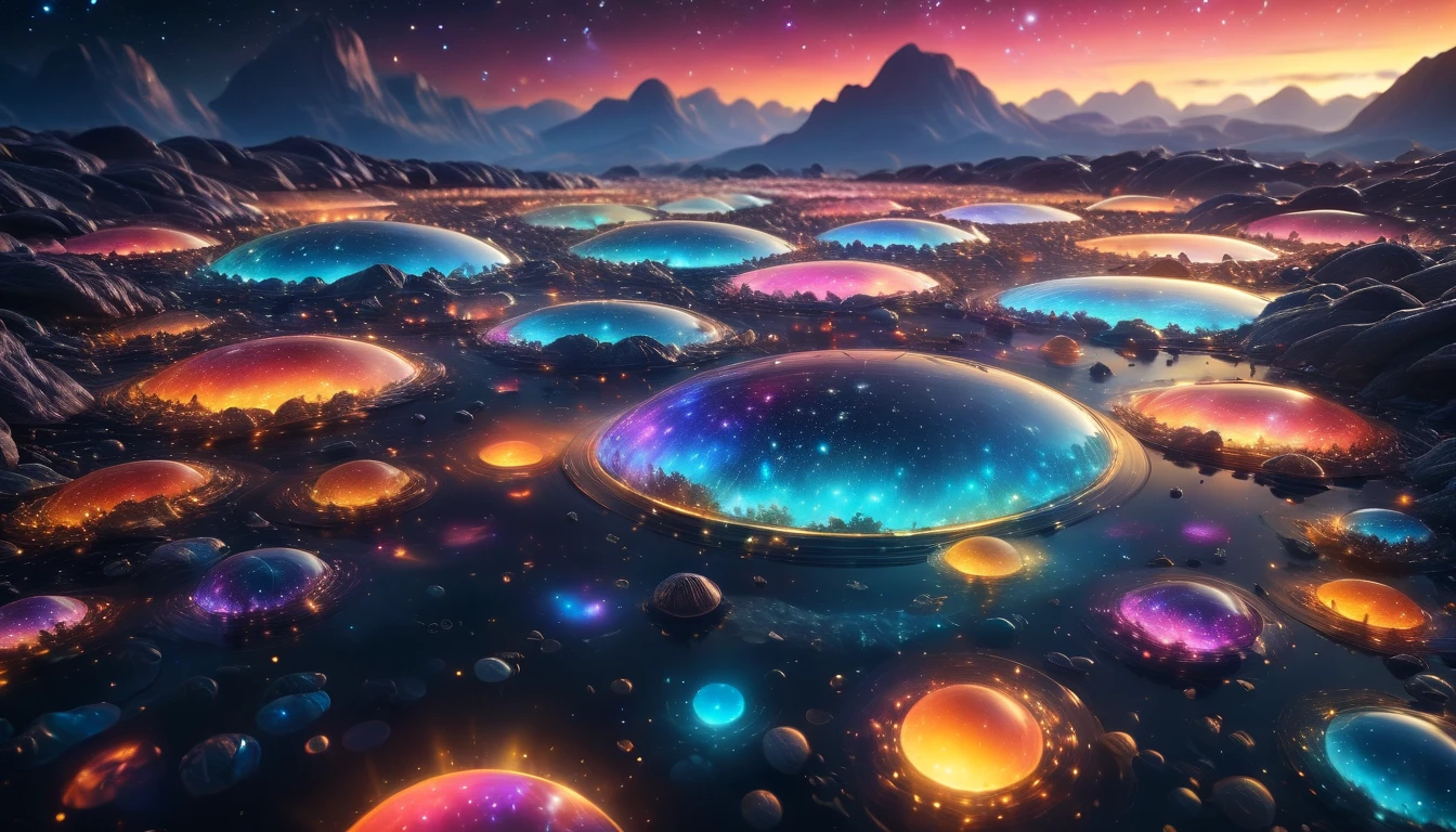 "A serene cosmic vista showcasing a system of multiple exoplanets, each with unique atmospheric colors and rings, surrounded by faint clouds of cosmic dust and star clusters, vibrant and glowing aesthetic, inspired by astronomical photography, ultra-realistic rendering, soft and ambient lighting, ultra-HD resolution."
