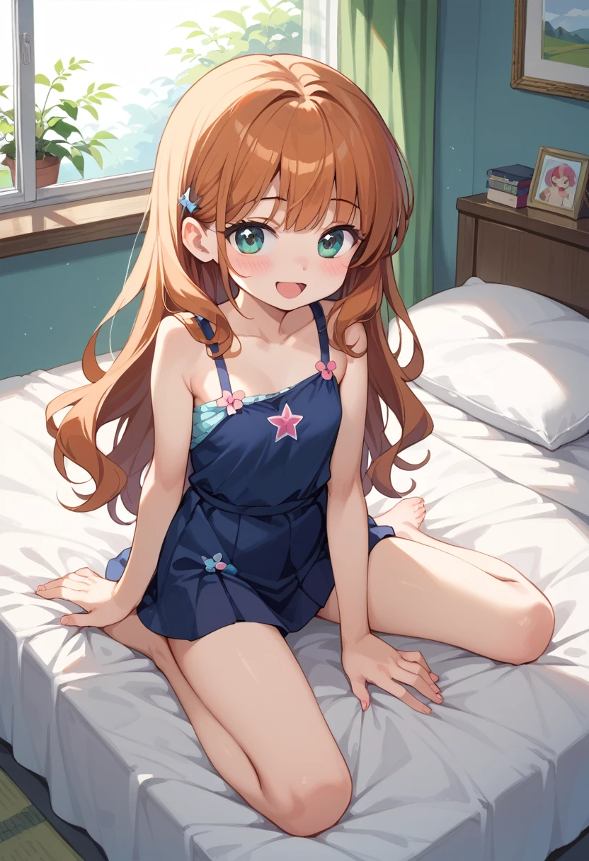 (( best quality)), ((masterpiece)), (be familiar with),  perfect face, indoor, bedroom,  watching viewers ,
One woman,  Gamemun Neko ,
 characters with open mouth ,  ecstatic expression with hands in front of body, blush, smile,
Small breasts,  flat chested, Young girl, Lori,  kids,  girl,
 long hair,  long hair,
Leg spread,