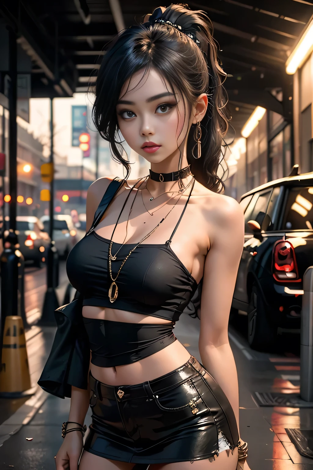 (raining day:1 silver-haired girl, Girl), tmasterpiece, best qualtiy, RAW photogr, realisticlying, the face, Incredibly Ridiculous res, Beautiful elf beauty, ear studs,Get wet all over, (Super short hair in black and green,Half-tied ponytail), White crop top shirt,tiese,Short black socks,Short black socks,Low-top canvas shoes,depth of fields, A high resolution, ultra - detailed, filigree, RAWE is very detailed, very detailed eyes and faces, Sharp pupils, realistic pupil, tack sharp focus, cinmatic lighting,full bodyesbian,Bigboobs,long leges,From the front side,Main street on a rainy day,dynamicposes