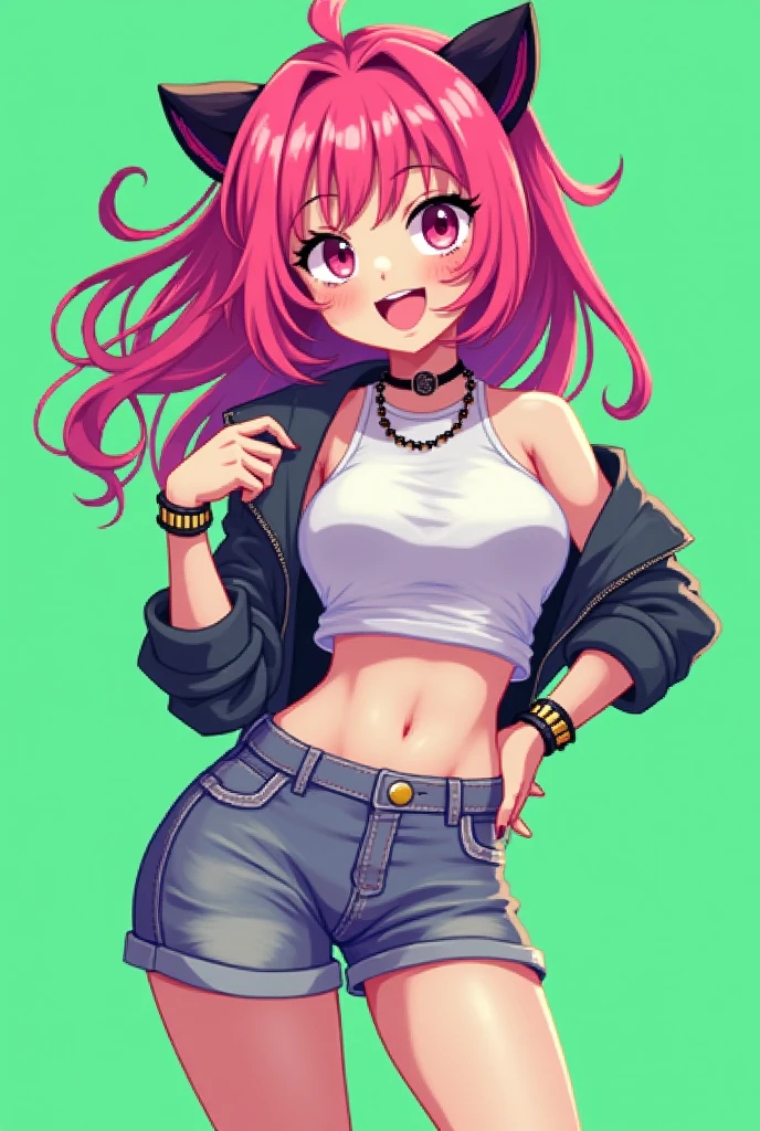 <lora:PonyXL_-_Shon_Howell_Style - Epoch 8:0.75> 1girl, female focus, pinup,, source_cartoon, score_9, score_8_up, score_7_up, score_6_up, score_5_up, score_4_up,, 1girl, pink hair, punk, cute_as_fuck, small pointy , striped shirt, tattered skit, fishnet stockings, black boots, makeup, eyeliner, mascara, lip piercing, black hair band, leather jack, midriff, navel, belly button, dark brown eyes, pale skin,