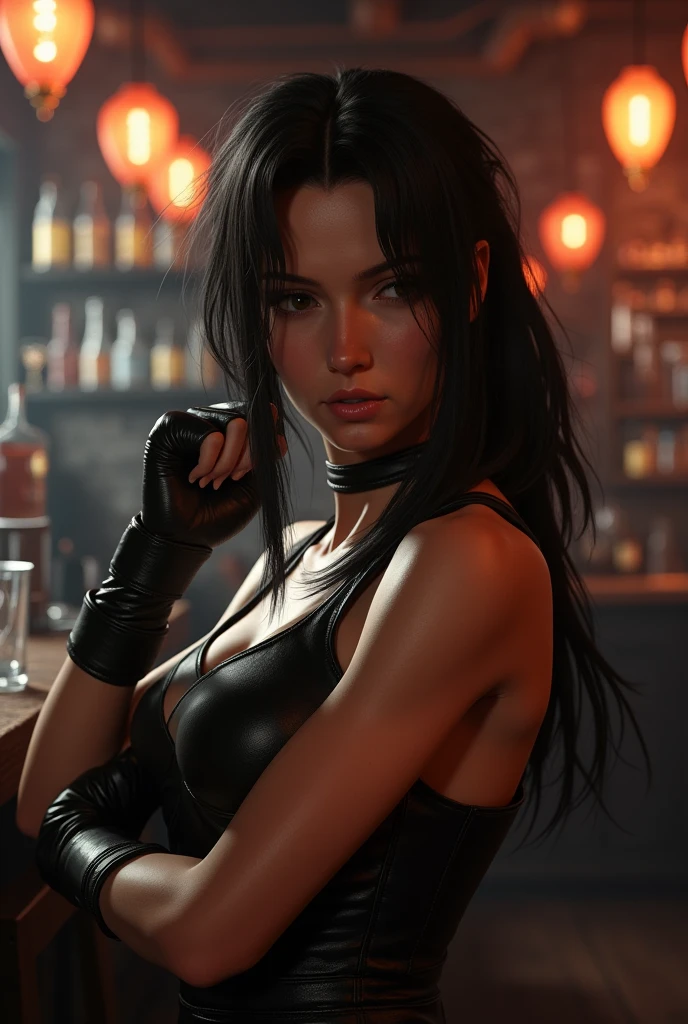(Masterpiece:1.3), (8k, Photorealistic, RAW Photography, Best Quality: 1.4) a picture of a beautiful European woman (Masterpiece 1.5, intense details), full body (Masterpiece 1.3, intense details), sitting in a bar, sipping a cocktail, wearing a short white mini dress (Masterpiece 1.3, intense details), slightly hiding the tip of white silk stocking (Masterpiece 1.3, intense details), busty, almost hiding vampiric fangs (Masterpiece 1.3, intense details), high heels, smirking, glasses, black choker (intense details) , make up, black hair, long hair, ponytail, very long hair, hairpin, eye reflection, half-closed eyes, makeup, shy, blush, photorealistic, Realism, Action painting, depth of field, cinematic lighting, dim light, silhouette, from side, Ultra-Wide Angle, retina, UHD, best quality, 8k, highres, high details