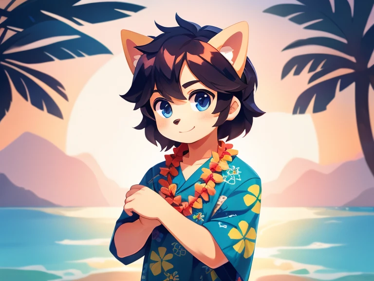 A boy with a cute dog, shiny hair, a detailed body, Hawaiian clothes, a nice background, high quality, a masterpiece 