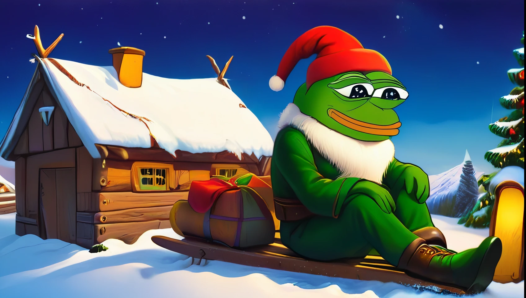 pepe the frog, pepe the frog dressed as an elf, green santa hat, sitting on sledge, cartoon style, whimsical, vibrant colors, cute, humorous, peaceful, christmas, in lapland, on a sledge, snowy, detailed textures, cinematic lighting, digital painting, no additional characters, cartoon, funny meme, Christmas village, 