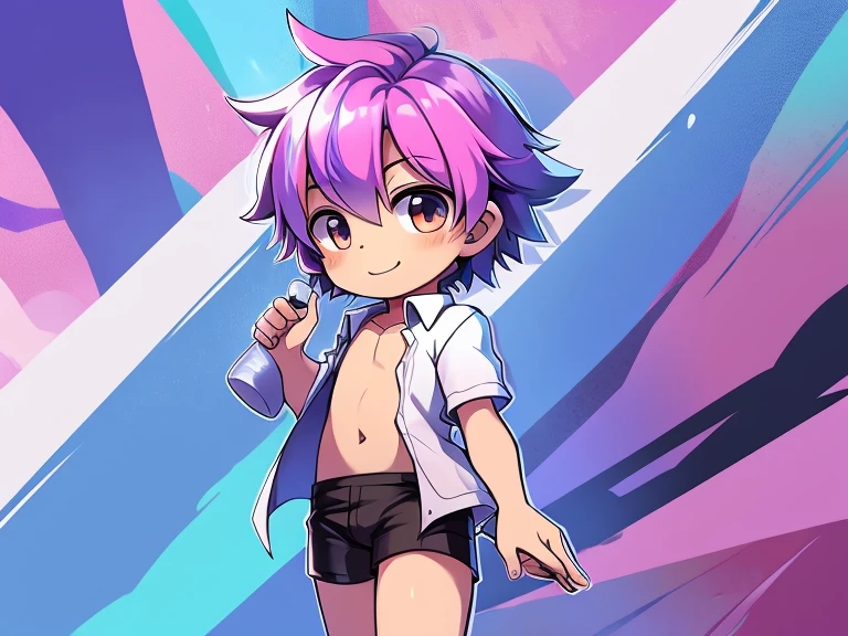 Cute shota boy, shiny hair, detailed body, open shirt, short pants, colorful background, beautiful quality 