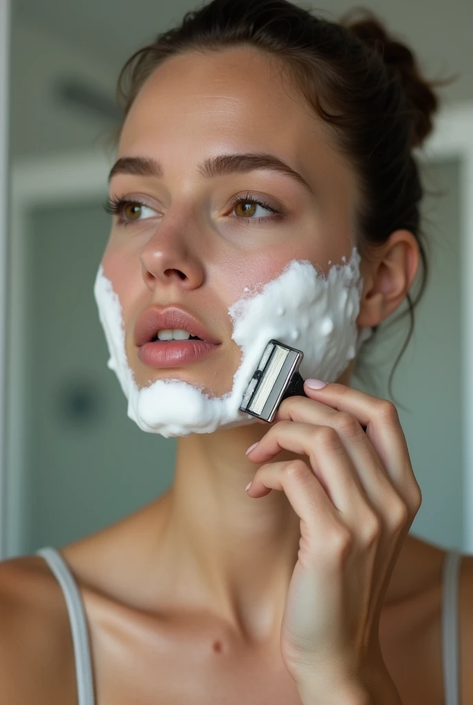 Shaving, shaving cream, leather, safety razor, clothed, women, girl, sexy, face, bust, cream on face