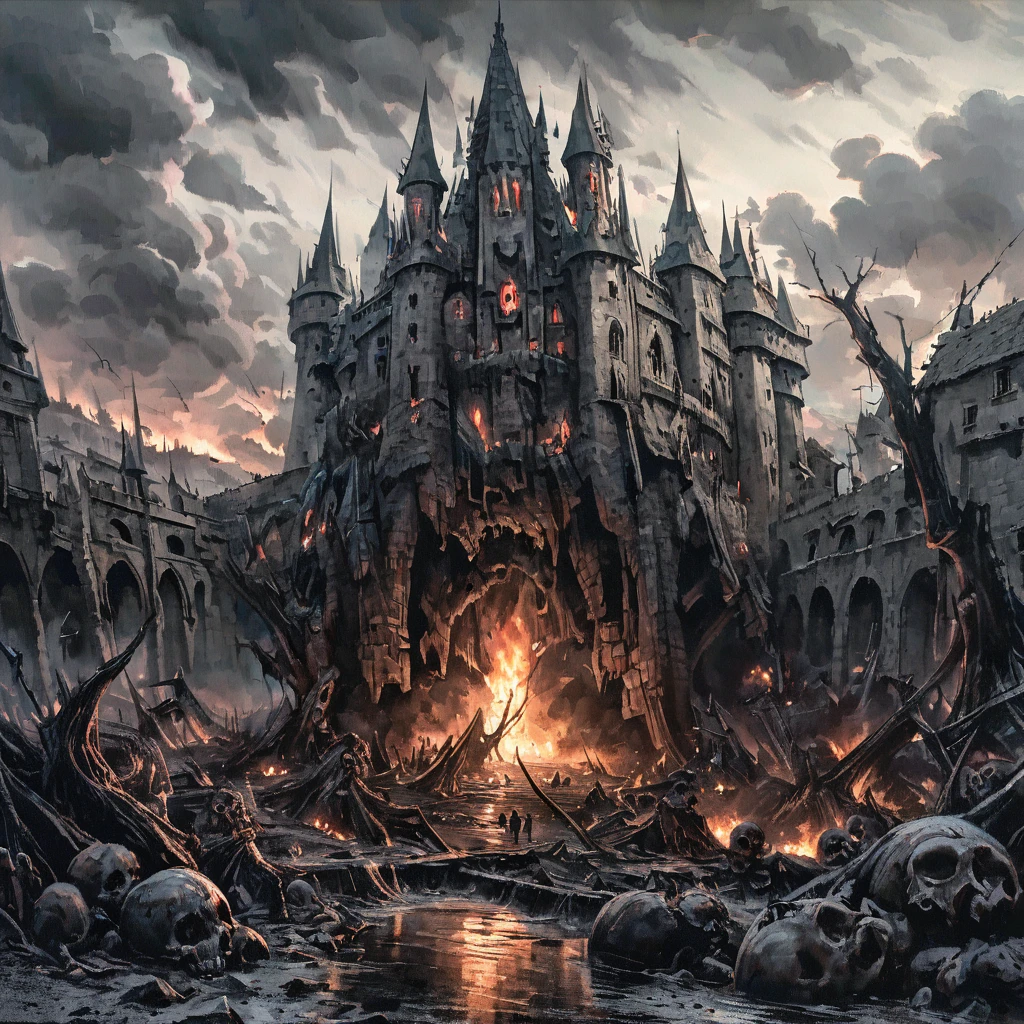 Create an artwork set in a land where light rarely touches the earth, with an imposing gothic castle rising, its spires lost in stormy clouds. The castle's black stone walls are decorated with skulls and bones, markers of the souls lost there. An army of skeletal figures stands guard around the castle, their hollow eyes eternally watching the bleak horizon. Twisted, leafless trees stretch their branches like pleading hands, while sinister creatures with burning eyes lurk in the shadows, ready to strike the unwary. A dark, stagnant body of water reflects the fiery sky above, where heavy chains float among the clouds, resonating with metallic sounds of despair. In the center of this desolate kingdom, a demonic portal opens, framed by arcane symbols glowing with a sinister light. From it, distorted entities emerge, beings not meant to tread the living world. This scene is depicted in the unmistakable style of Dan Seagrave, whose art evokes the dark beauty and intricate complexity of this dark fantasy setting. Realistic, extreme quality, ultra-detailed, ultra HD 8K, dark lightning, hyper-detailed, intricately detailed gothic art, triadic colors, fantastic and intricate details, complementary colors, fantasy conceptual art, 8K resolution, oil painting, heavy brush strokes. dynamic scene, cinematic lighting, moody atmosphere, high contrast, dramatic composition, digital art, concept art, intricate details, vivid colors, photorealistic, (best quality,4k,8k,highres,masterpiece:1.2),ultra-detailed,(realistic,photorealistic,photo-realistic:1.37),dark fantasy,dramatic lighting,cinematic perspective,dystopian,war torn,apocalyptic,gritty realism,surreal,moody,somber,intense, art style Dan seagrave.