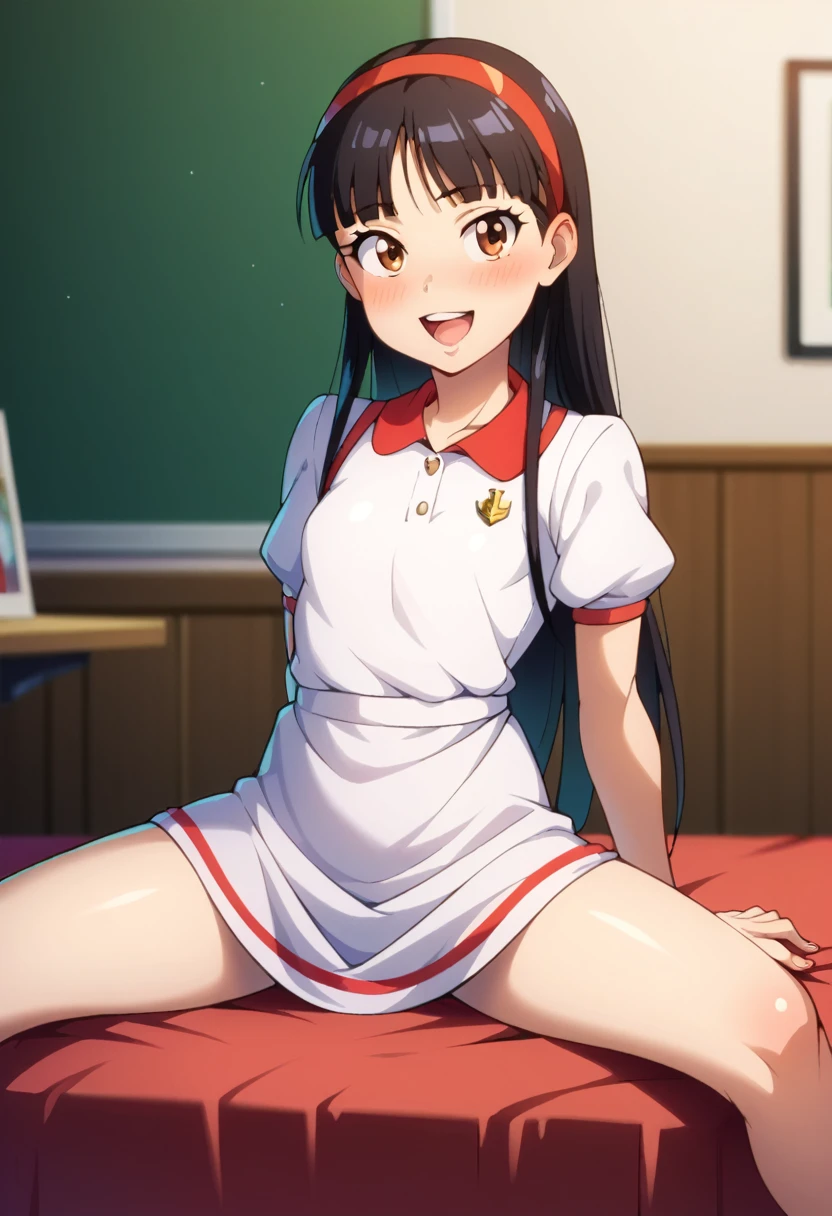 (( best quality)), ((masterpiece)), (be familiar with),  perfect face, indoor, bedroom,  watching viewers ,
One woman,  Yukiko Aikina,
 characters with open mouth ,  ecstatic expression with hands in front of body, blush, smile,
Small breasts,  flat chested, Young girl, Lori,  kids,  girl,
 long hair,  long hair,
Leg spread,