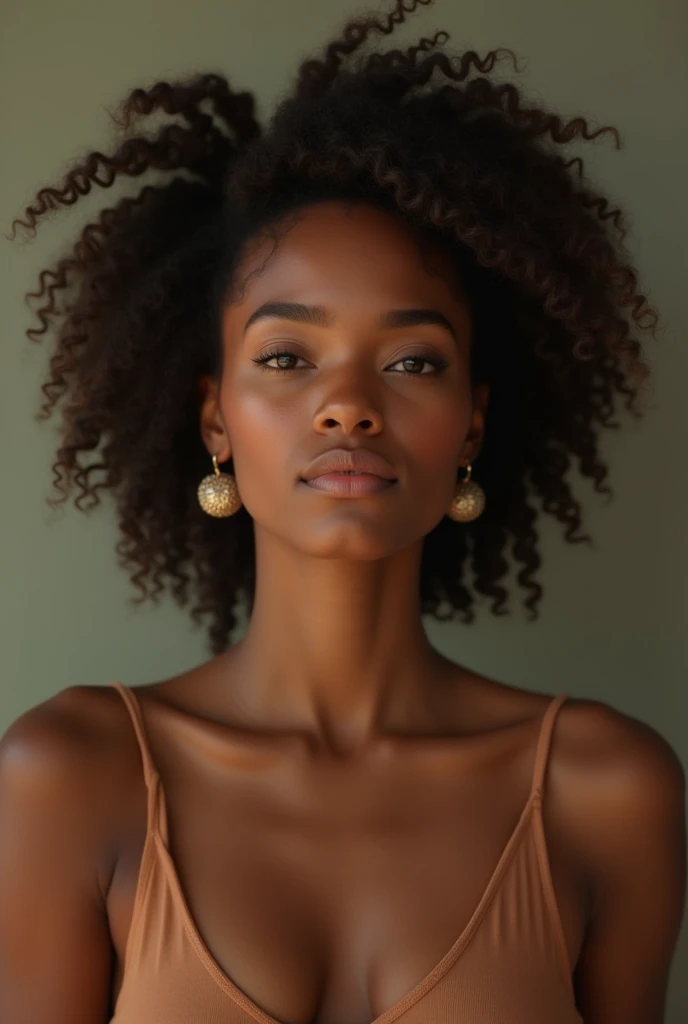 A female AI model of East African descent, possibly resembling the beauty standards of Burundi or Rwanda. She has the rich, dark skin tone often associated with African heritage. Her hair is styled in a modern African manner, perhaps in beautifully an afro, showcasing the unique and diverse hair textures found in Africa. Her body, in line with East African aesthetics, is strong and graceful with striking eyes, and a warm, captivating smile