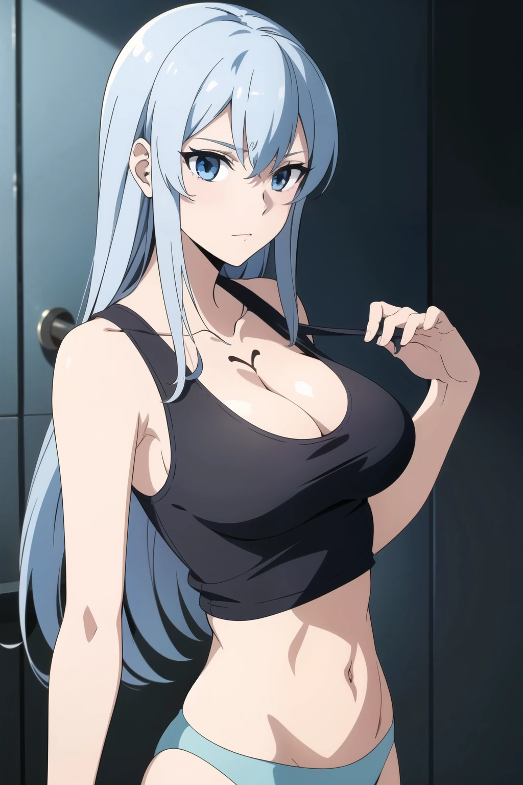 1girl, esdeath, long hair, light blue hair, big breasts, sleeveless,((stylish outfit, cropped tank top, navel, panties)),. Upper_body. Silver hair