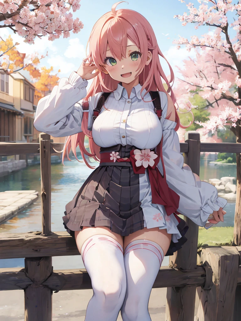 masterpiece, best quality, highres, sakura_miko, 1girl, (teen:1.3),medium_breasts, kimono, solo, ahoge, x_hair_ornament, pink_hair, floral print, hairclip,(side_less_clothes:1.3), (side_breasts:1.3), hair_bell, floral print, long_hair, hair between eyes, one side up, white_thighhighs, wide sleeves, open_mouth,(happy:1.3),green_eyes,smile,apart_legs,(overly_long_sleeves:1.3),),sleeves_past_wrists,hands_hidden_sleeves,sidelock_clothes,solo,hidden_wrists,(XD:1.5),covered_nipples,sunlight,(bare_flank:1.3),boots,open_ legs,kimono,close_eyes,apart_legs