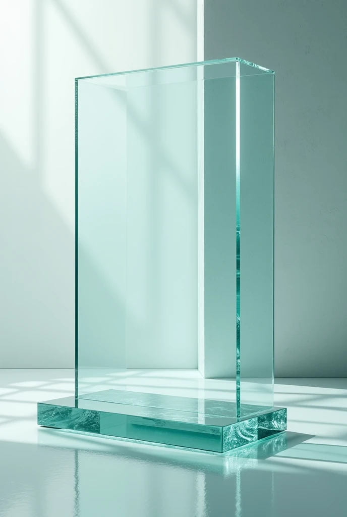 "Generates an image showing a rocky stone textured background wall, everything looking straight ahead, highlighting the irregular and natural details of the stone. The floor must be smooth and uniform., contrasting with the texture of the wall. on the floor, place a simple transparent glass cube, transparent and geometrically precise, that reflects light subtly and shows the details of the environment through its faces."
