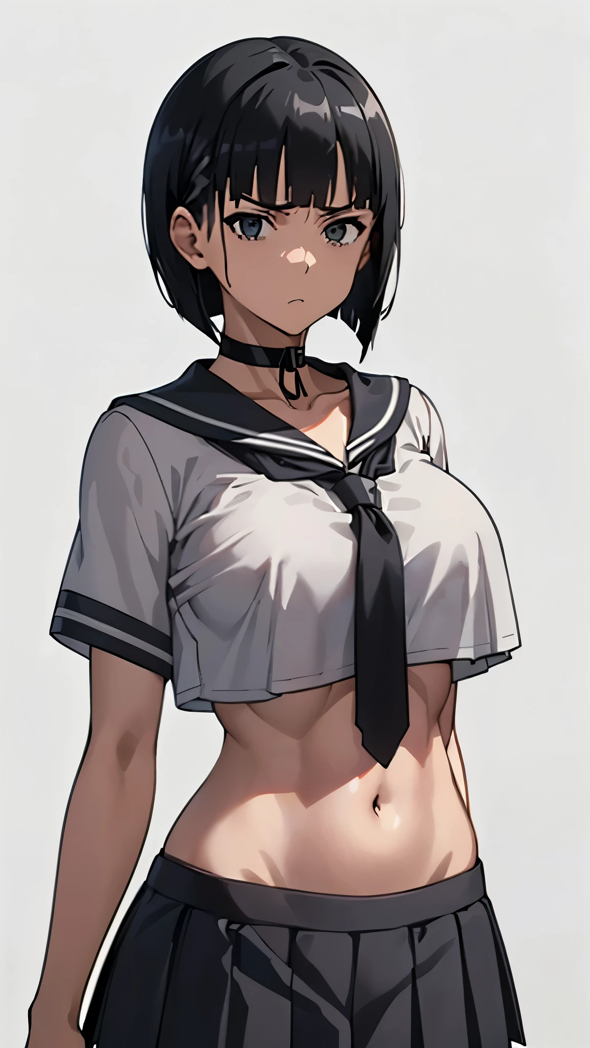 anime,EFT_Sao_Sis,angry face,((thigh-up shot)),(black hair,bob cut,straight bang:1.3), ((choker, short-sleeved sailor blouse,gray sailor collar,gray sailor necktie,low-rise micro pleated skirt)),(big breasts:1.3),(toned body:1.8),six pack:0.7,groin