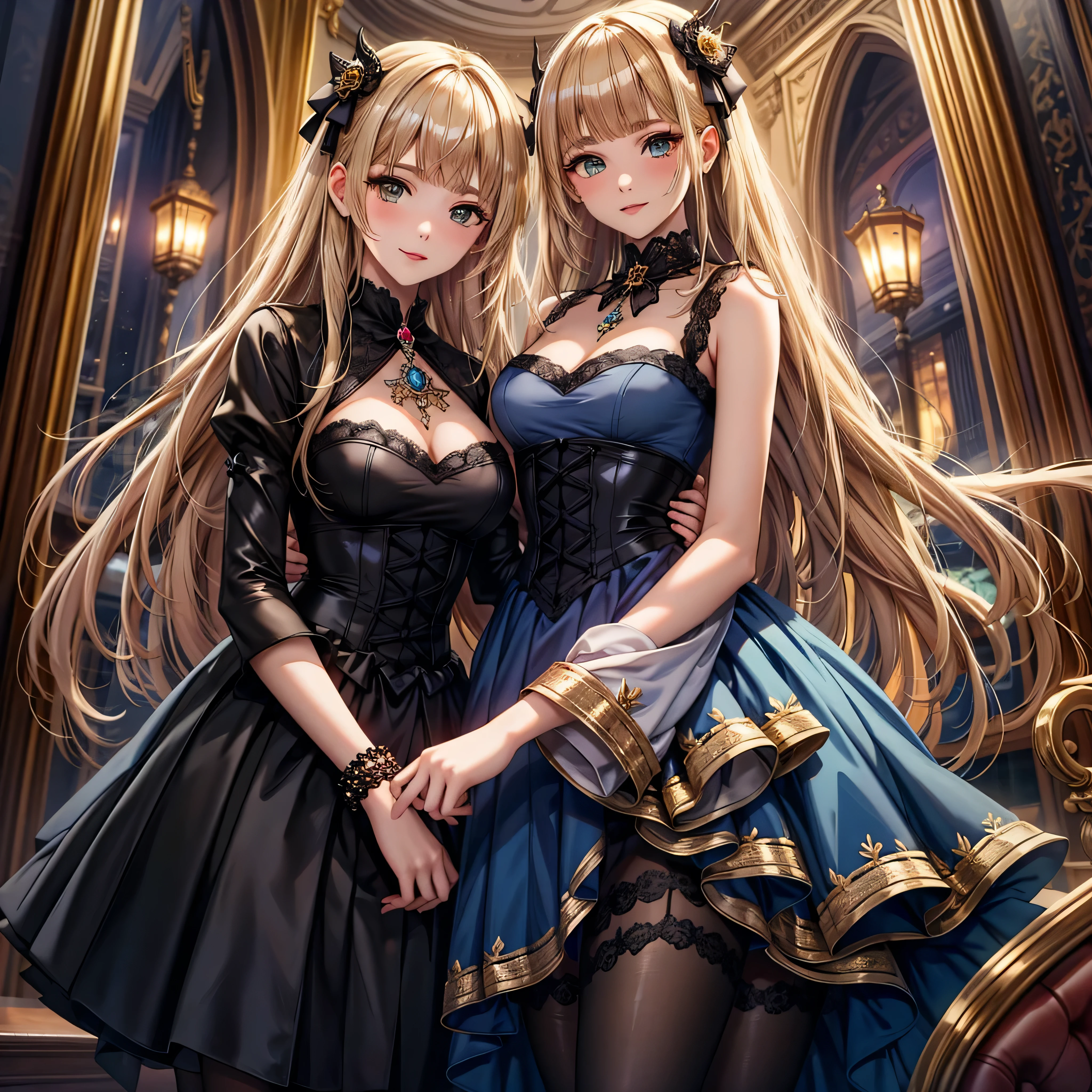 prompt : 8k resolution, gentle face , , single, Unique students, smile, blonde alone, princess cut , ribbon hair ornament, brooch, shiny candy blue dress, Gold embroidery, Lolita Style , gothic, Facing the audience, Otaku Room, Female demon