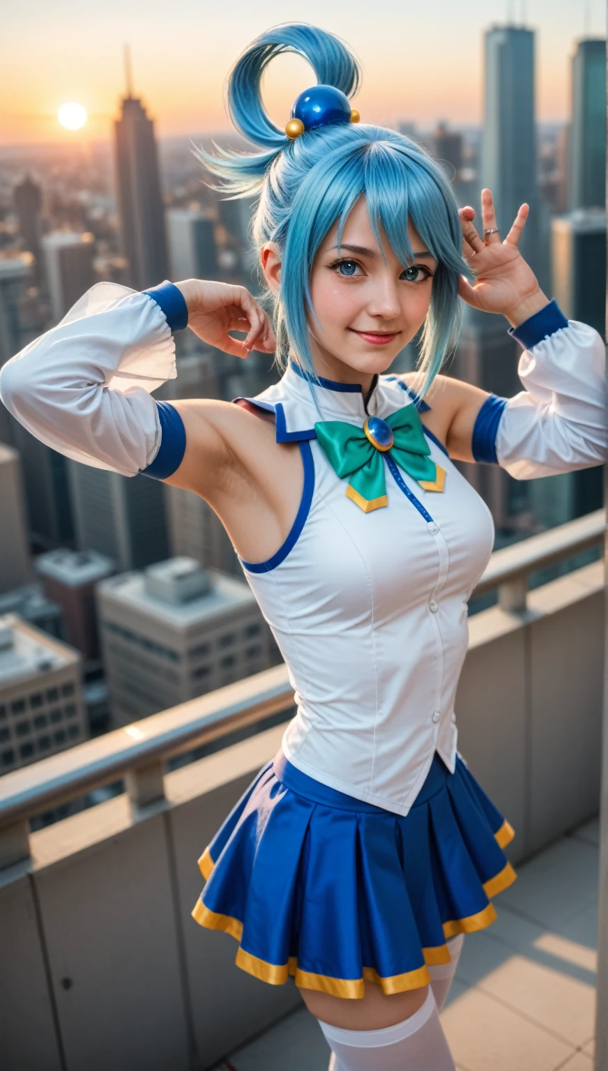 1girl,happy,smirk,Tokyo street,cityscape,city lights,dynamic angle,(full body:0.7),close-up,8k,RAW photo,best quality,masterpiece,realistic,photo-realistic,large breasts,gloves,lips,solo,sailor mercury,blue eyes,smuniform,mer1,tiara,sailor senshi uniform,masterpiece,absurdres,sexy,floating short blue hair,blue sailor collar,bow,choker,white gloves,blue choker,elbow gloves,jewelry,earrings,blue skirt,sole,full body,blue hair,octane rendering,dynamic angle,Ami Mishino,Exquisite face,Modern Building,Lights,busy street,(light theme:1.4),upper body, .