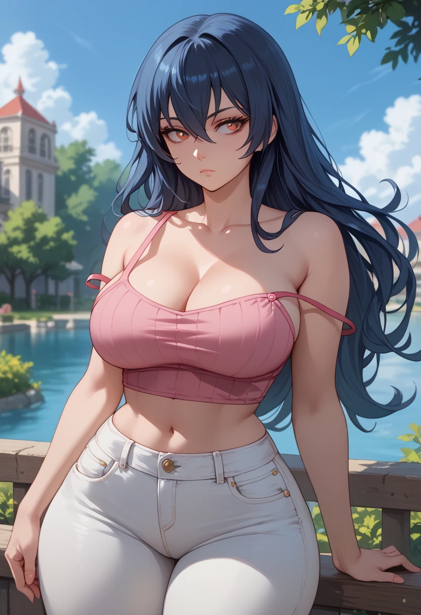 1girl, large breasts, large hips, small waist, large thighs, expressionless, hgsssab, blue hair, bare shoulders, cleavage, white pants, Red eyes, black hair, long hair, hair between the eyes, pink croptop, white jeans, midriff, large breasts, open fly, ultra low rise jeans, groin lines, ((double strap slip)), outdoors, sunny, anti gravity tits, 