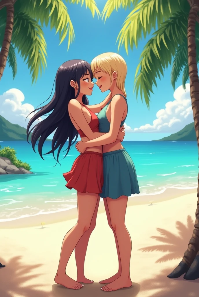 Two girls hugging, Goddess of Love, Goddess of fertility, Every girl has bare breasts, Every girl has a naked, Every girl has no clothes, Every girl has a naked body, against the background of the field, The city and the mountains, Bright sun, Sky and grass