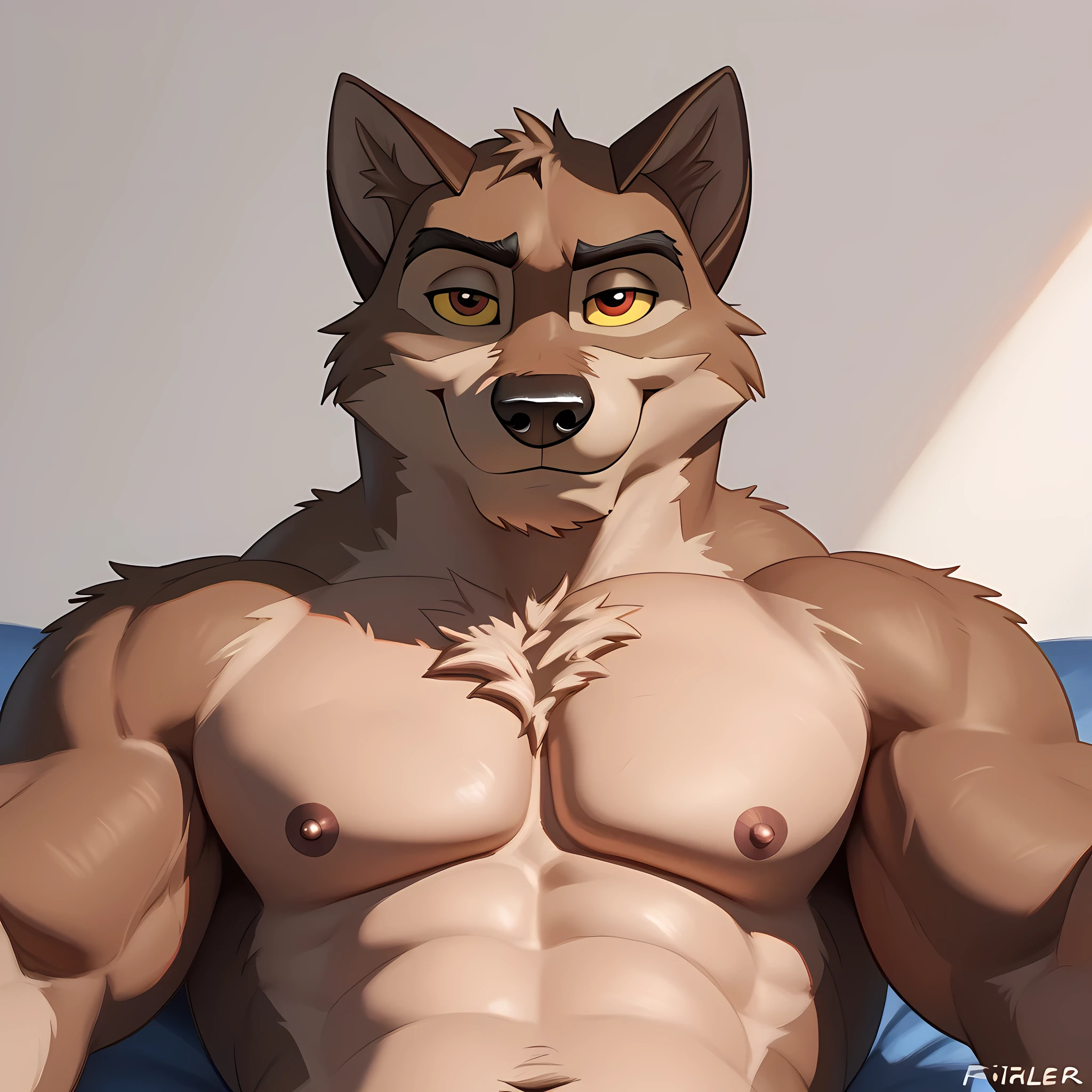 baltotwd, wolfdog, balto, brown eyes, yellow sclera, solo, detailed, detailed face, anthro, male, adult, heavyweight, very muscular:1.1, muscular arms, dim bedroom, shirtless, taran fiddler style, blotch style, (detailed fur, correct lighting, correct shadows), half body, confident pose, sweet smile, bedroom eyes, arms spread:1.2, reaching for viewer:1.2, front view, looking at viewer