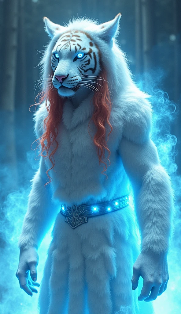 Create an image of a stunning hybrid creature, a fusion of a beautiful red-haired woman and a massive white tiger with long fur. The being has neon blue outlined eyes and is surrounded by a bright blue light, appearing as a glowing spirit. The hybrid wears a Viking princess outfit made of all-white wolf fur, with intricate, hyper-detailed textures and a realistic flow and sound. The creature exudes power and grace. (virtual, ultra-HD: 0.9) (cinematic atmosphere, dynamic lighting: 0.85) (natural light highlighting its form and clothing: 0.75) (steady diffusion for smooth, realistic movement: 0.85) (8k resolution, HDR, intricate details in the environment, its clothing and its glowing presence: 0.9) (It exudes strength and confidence, creating a powerful and ethereal scene: 0.85)."