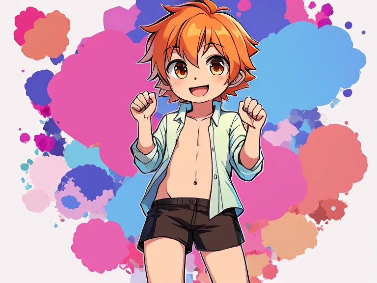 Cute shota boy, orange hair, detailed body, open shirt, short pants, colorful background, beautiful high quality 