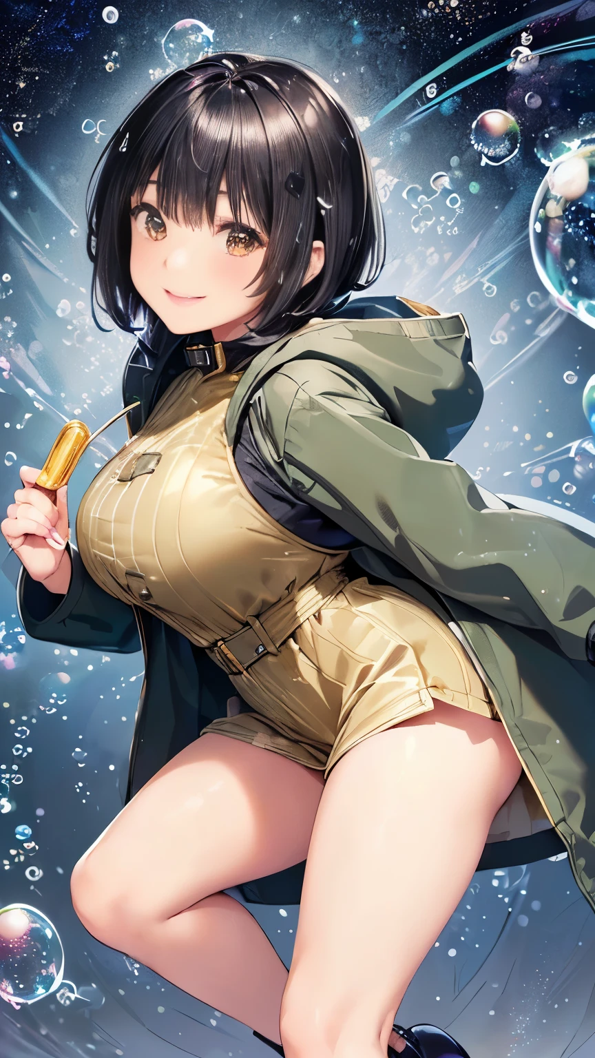 (Magical Bubbles:1.5), (Beautiful busty detective wearing an olive-colored M-51 Fishtail Parka manipulating a large amount of magic bubbles:1.3), (black hair color:1.5), (short hairstyle:1.5), (constricted waist:1.3), (full bodyesbian:1.3), (Smiling:1.3)