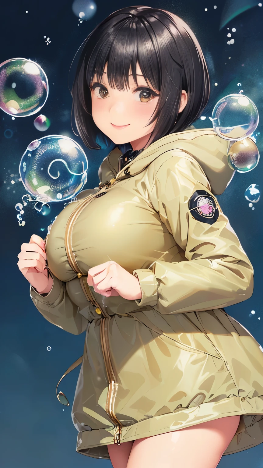 (Magical Bubbles:1.5), (Beautiful busty detective wearing an olive-colored M-51 Fishtail Parka manipulating a large amount of magic bubbles:1.3), (black hair color:1.5), (short hairstyle:1.5), (constricted waist:1.3), (full bodyesbian:1.3), (Smiling:1.3)