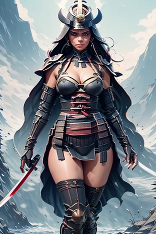  best quality, masterpiece,  ultra high resolution, (reality: 1.4), Original photo, 1 female, very long hair,black hair ,tall stature,standing, hands down,(Contrapposto:1.2),aiming a katana at point of view,big breast,Eyes are black,Black helmet,Sexy black armor , chest armor is 2 /3 exposed skin ,medium breasts,cleavag,underboob,plunging necklines, super mini skirt black armor ,  underwear is red high leg , black armor on shoulders,Black Cape, beautiful skin like silk ,Sengoku period battlefield background , Wide neckline, beautiful silhouette  , Mechanical Chastity Belt , white color tights,Tight Suit, petite frame Curvy body,muscular build, small chest, Buttock Augmentation,  using a stethoscope ,All black armor,on one knee,