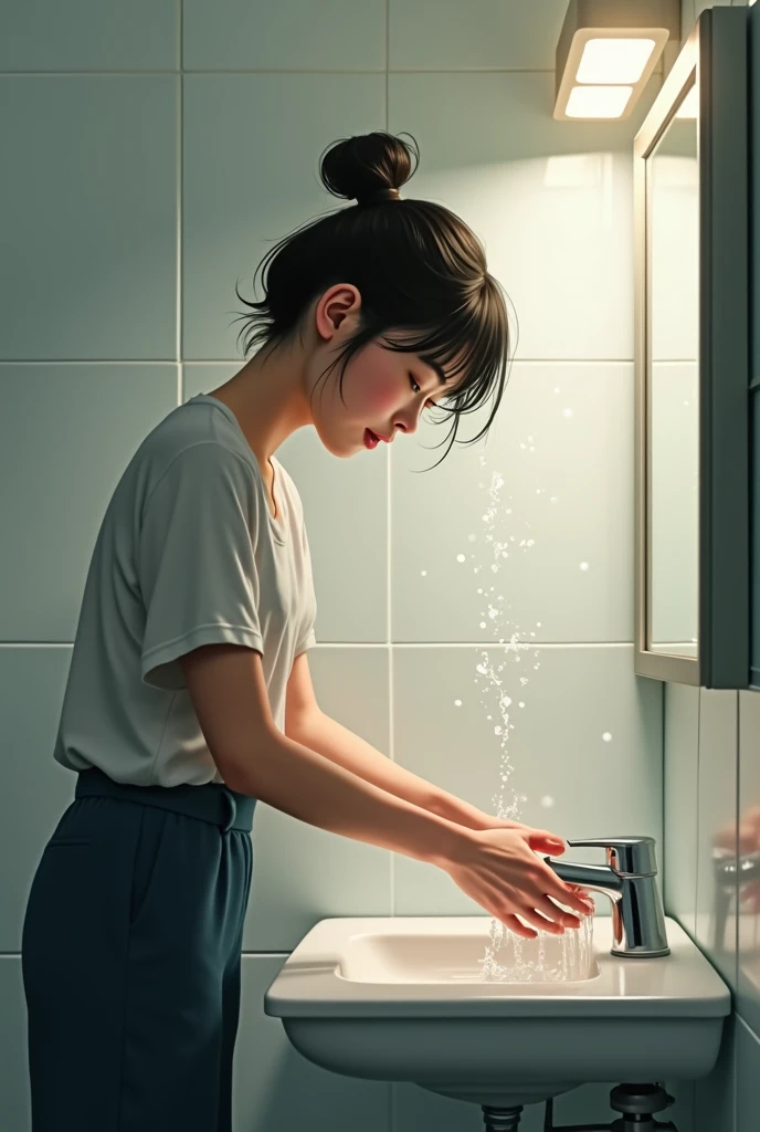 An Asian pretty teenage nurse in white nursing pants, slender, large hips, slim waist line, straight short hair, side view, cleans her thin fingers with large amount of white sloppy liquid.