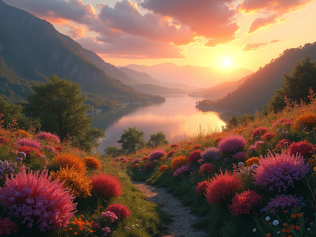 Landscape with colorful floral flowers, detailed landscape style ...