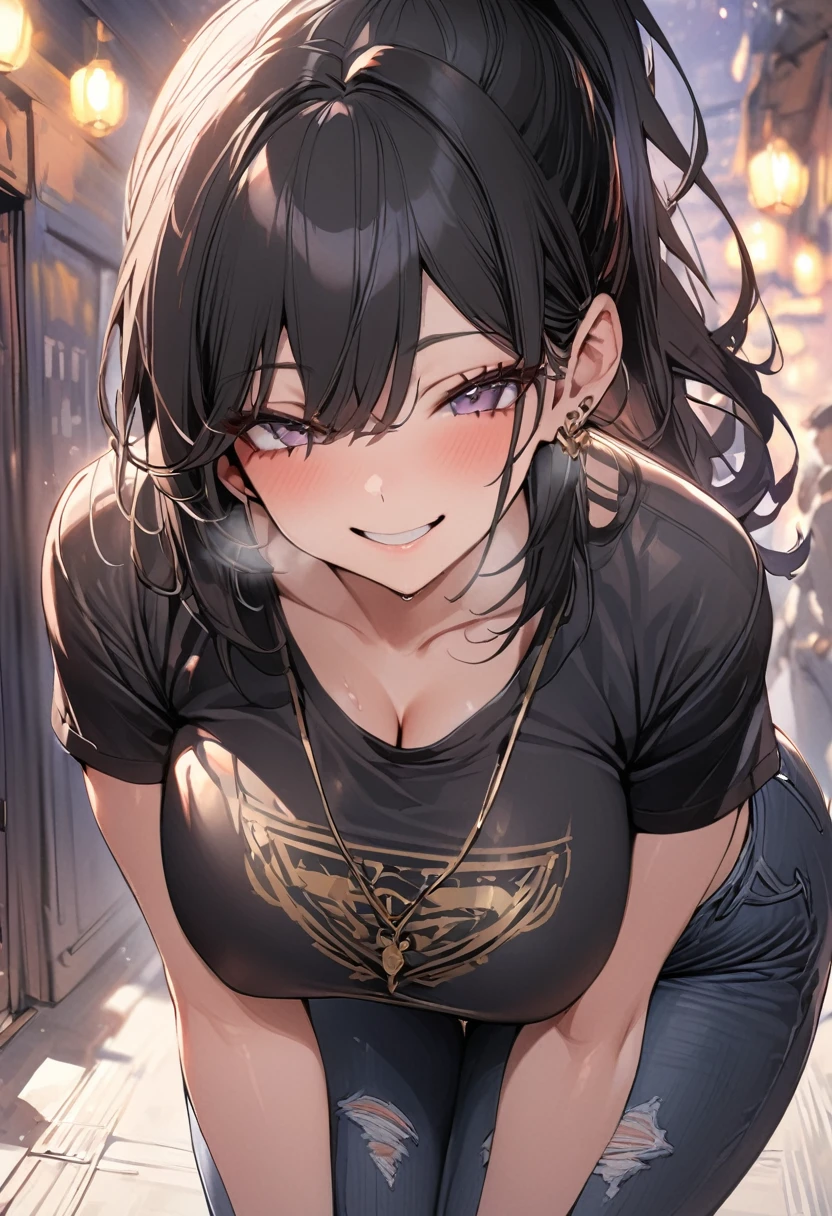 ((  best quality)), ((masterpiece)), (   Details), 1 girl, Alone,  sexy,  black hair ponytail , Busty High School Girl, black t-shirt and jeans miniskirt, Cheerful smile