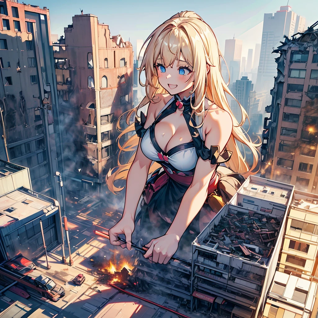 Giantess, long sexy legs, yellow hair, bikini,lying on top of destroyed buildings, city at her feet burns in flames for the destruction she has caused, tiny people climb on her body to try to defeat her uselessly. Giantess, goddess, macrophilia, curvaceous body, hentai, fetish, sexy legs, bikini, high heels, high quality, tiny people, people climbing body, giantess body, small people, crew of tiny people
