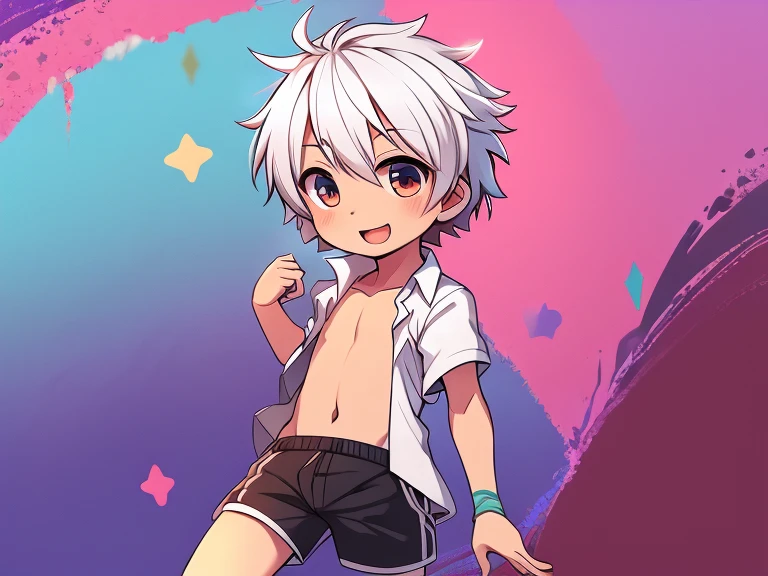 Cute shota boy, white hair, detailed body, open shirt, short pants, colorful background, beautiful, very high quality 