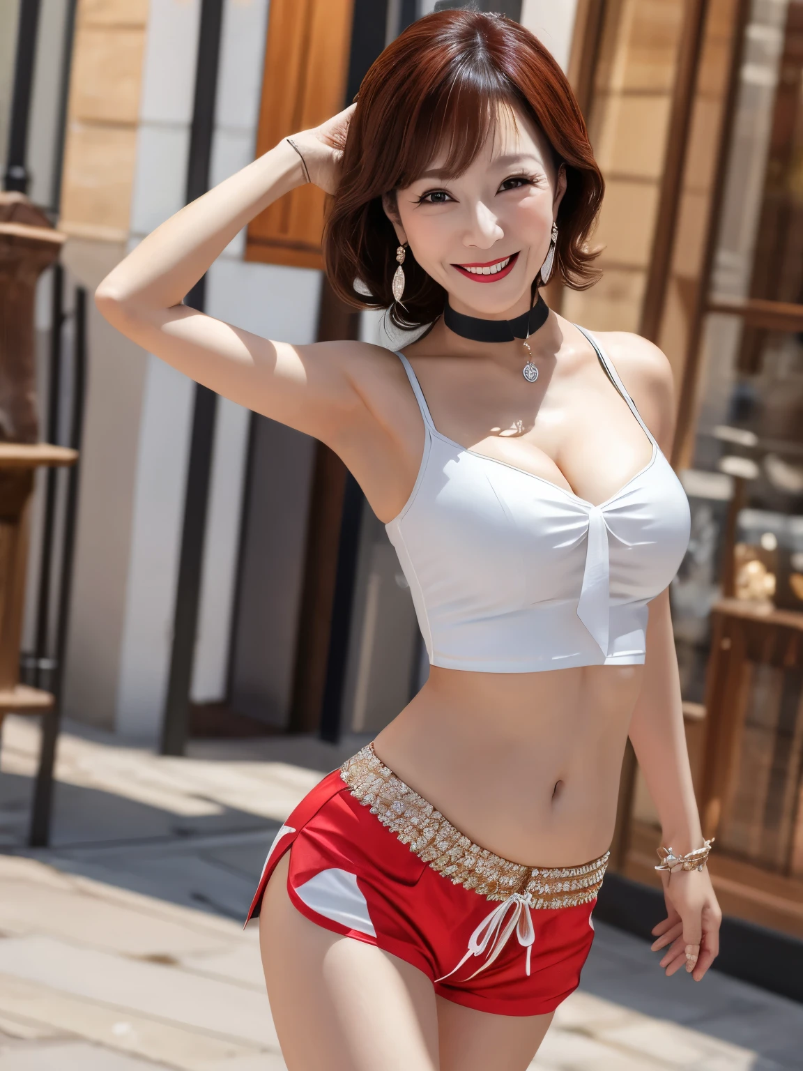((masterpiece)), (highest quality), 23 years old,Very detailed, finely, (High resolution), (8k), ((Perfect front viewcomposition)), (Natural color lip),(Side Ponytail:1.3),(((Sit sideways at a bar overlooking the palm trees))), Look at me and smile))),((Close-fitting short print T-shirt)),((Bikini bottoms only)),((From the whole body to the toes:1.3)),((Perfect front view)),((Sit at the bar overlooking the palm trees)),((自然なポーand)),((Relaxed Po－and)),((Blue ribbon in hair)),((ノーマルサイandのお尻)),((Ample breasts)),((Full and firm breasts)),(Look at me and smile),