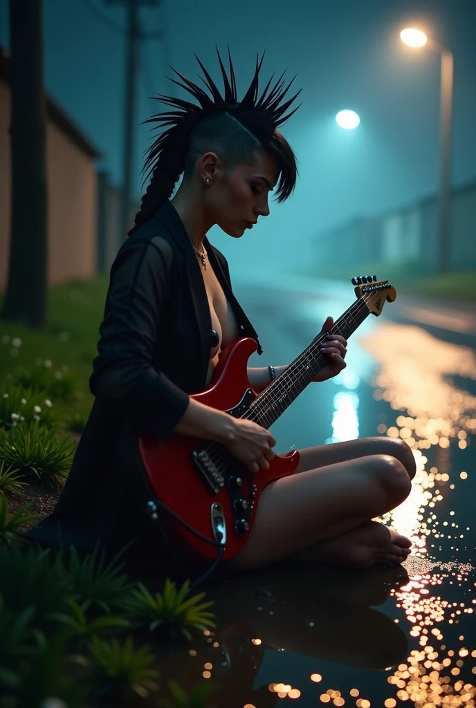  dark suburbs  , rain, fog, Neon,  skinny woman naked  ,  long black transparent coat  ,  black pubic hair , black mohawk haircut , barefoot, black nails, smoke, searchlight,  plays metal on electric guitar , toes, shows off body,  tattoo ,  chest legs wide apart, facing the camera, sitting in the mud , dirty, wet, anus,  Vagina open