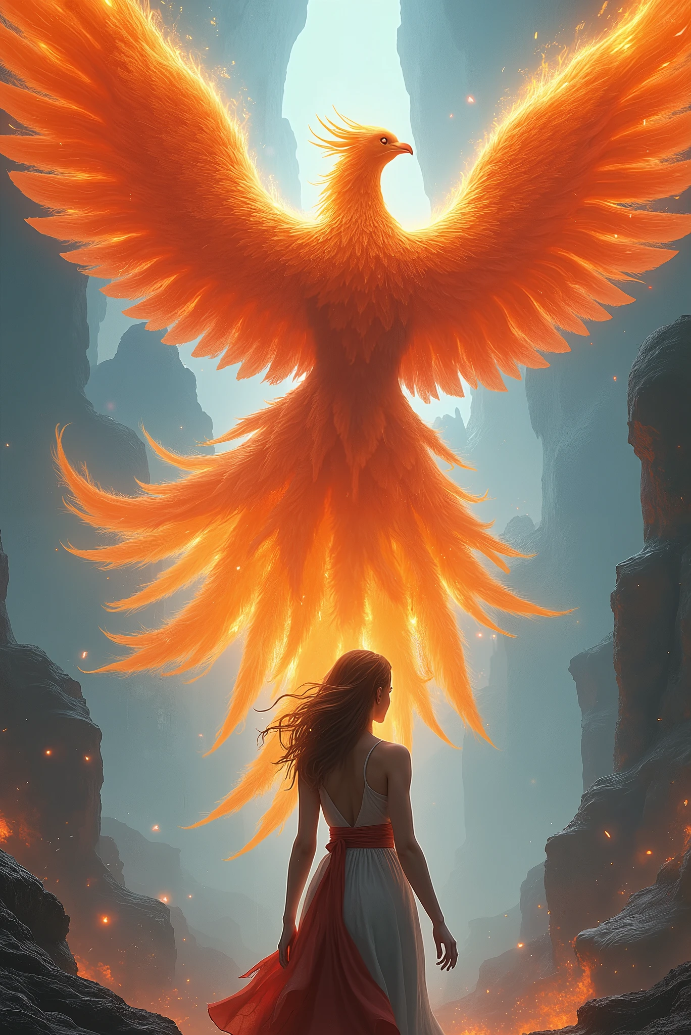 "Create a breathtaking, semi-realistic image that captures the awe-inspiring scene of a beautiful female adventurer witnessing the birth of a majestic phoenix from afar. The adventurer, with a strong yet graceful presence, is depicted in her climbing gear and rugged, weathered clothing, standing on a rocky outcrop. Her expression is a mix of awe and wonder as she gazes at the fiery phoenix rising into the sky.

The phoenix’s bright, fiery feathers dominate the landscape, casting a warm, golden glow across the scene and illuminating the surrounding rugged, untamed nature. The setting is a remote, mystical landscape, with the phoenix's radiant light piercing through the mist that shrouds the area.

The composition should evoke a sense of adventure, discovery, and reverence, with the contrast between the human scale of the adventurer and the overwhelming, fiery presence of the phoenix highlighting the epic nature of the moment. The image should be visually stunning, blending semi-realistic detail with fantasy elements to create an immersive and awe-inspiring visual narrative."