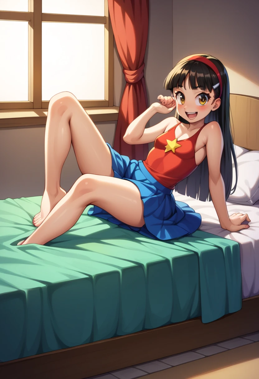 (( best quality)), ((masterpiece)), (be familiar with),  perfect face, indoor, bedroom,  watching viewers ,
One woman,  Yukiko Aikina,
 characters with open mouth ,  ecstatic expression with hands in front of body, blush, smile,
Small breasts,  flat chested, Young girl, Lori,  kids,  girl,
 long hair,  long hair,
Leg spread,