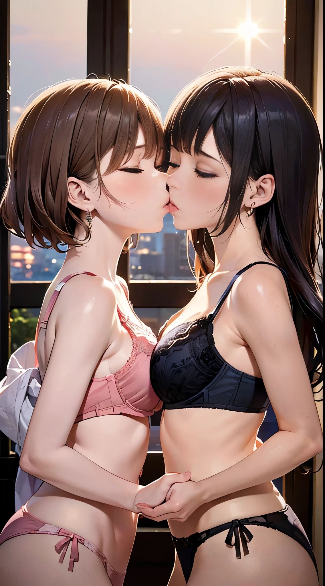 ( best quality, masterpiece,   photorealistic,   super detailed ,  ultra high resolution, born:1.3), ( 4X-UltraSharp ), (2girls, , Japanese),  medium breasts, (Kiss),  ( neat bra and panties:1.2), bangs, Long Hair, from side,  closed your eyes、(The bedroom where the sunset shines )、