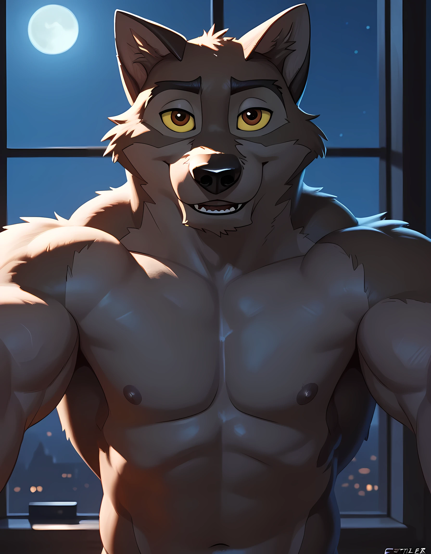 baltotwd, wolfdog, balto, brown eyes, yellow sclera, solo, detailed, detailed face, anthro, male, adult, heavyweight, very muscular:1.1, muscular arms, dim bedroom, night, dark, dim, shirtless, taran fiddler style, blotch style, (detailed fur, correct lighting, correct shadows), half body, confident pose, sweet smile, bedroom eyes, arms spread:1.2, reaching for viewer:1.2, front view, looking at viewer