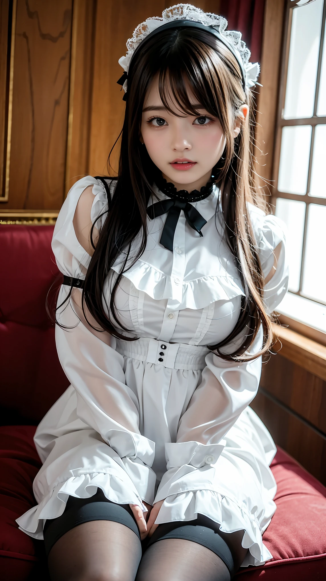 (best quality,4k,high resolution,masterpiece:1.2),detailed eyes,beautiful detailed lips,extremely detailed large eyes and face,long eyelashes,1 girl, Europian noble face, ballet studio,tightly fitted outfit,black long-sleeved maid costume,wearing white tights, a sitting girl on the chair,large sad eyes,arched upper body,upward gaze,open mouth to protest, feels a confidence expression.