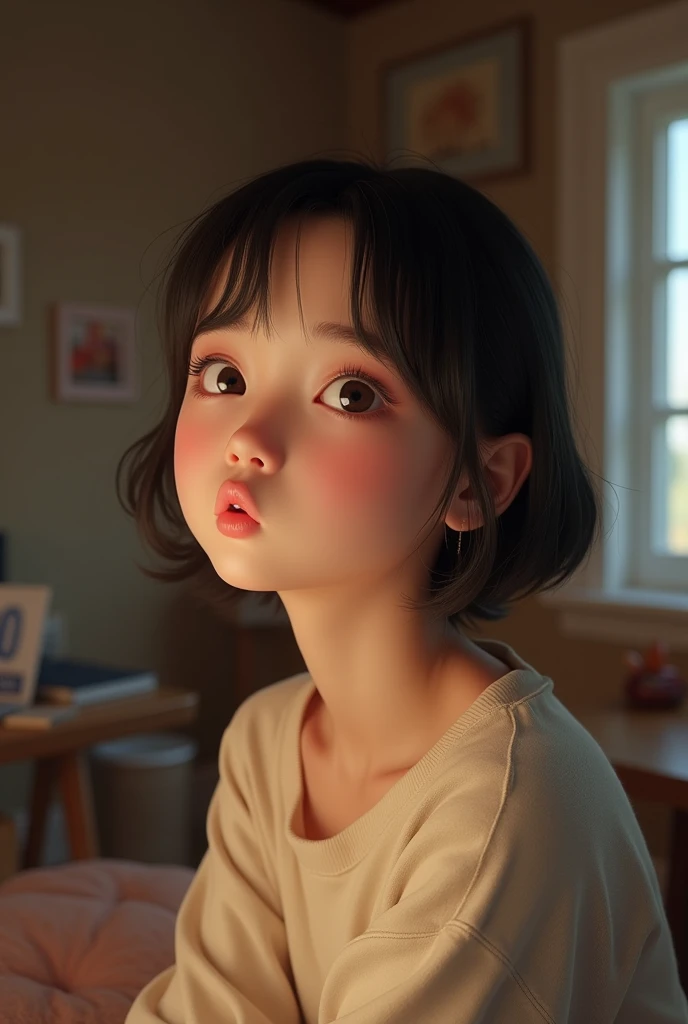 best qualtiy,tmasterpiece,超高分辨率,(realisticlying:1.4),RAW photogr,Wallpapers,photo of head,The skin,simplebackground,Black eyes,the detail,self-shot, 1个Giant Breast Girl,ar old,light wind,rays of sunshine,kitchens,the fruits
