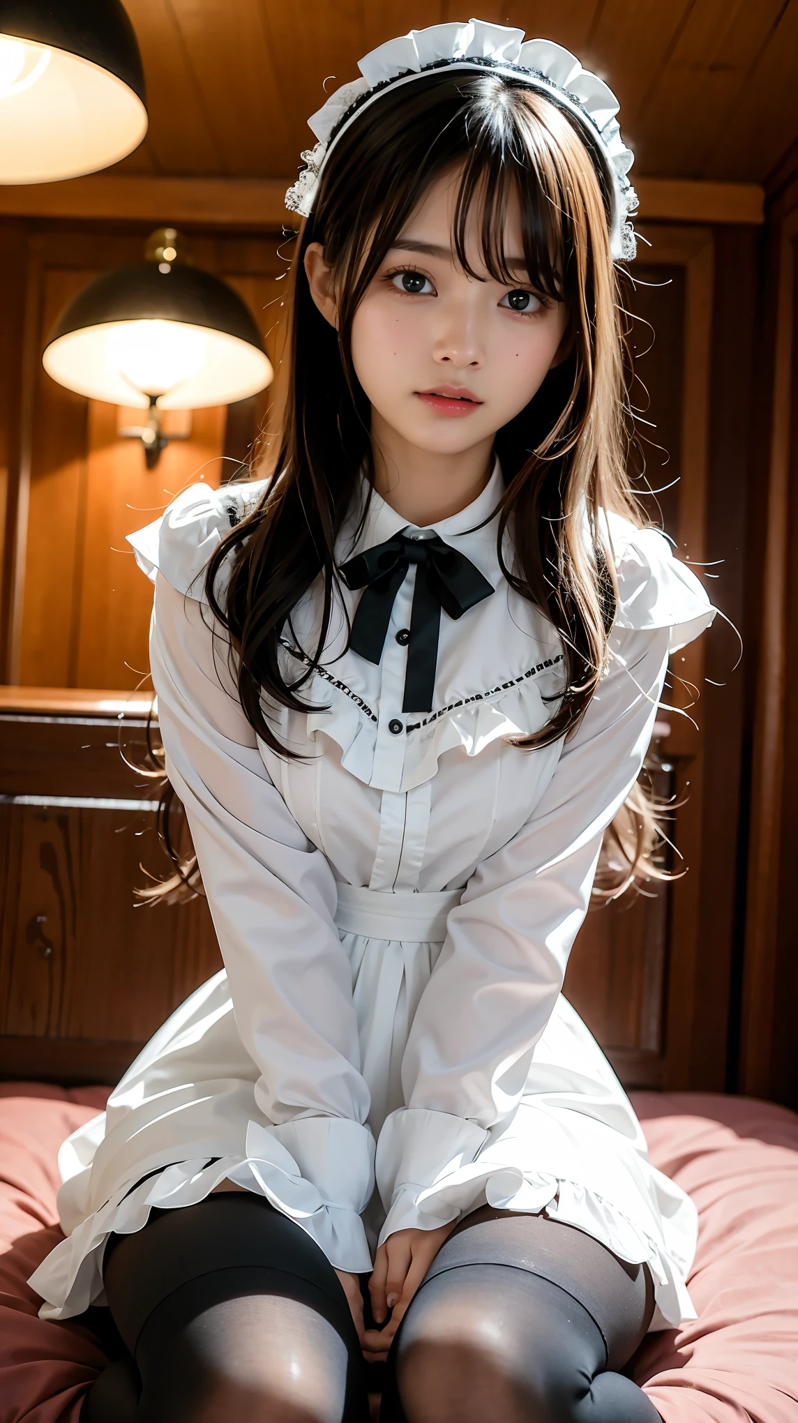 (Realistic: 1.6), (Soft Focus: 1.5), Sleeping Girl, sixteen years old, Realistic,((Maid Cosplay))、A detailed eye、Beautiful lashes、 Detailed, masutepiece, Smooth skin, shiny short twin-tailed brown hair, Soft lips, Rich lighting, Room lighting, [[Open legs, Spread legs]], (Solo), sexypose, , (female pubic-hair), (Slim legs)、beautiful thin constriction、((超A high resolution:1.6))