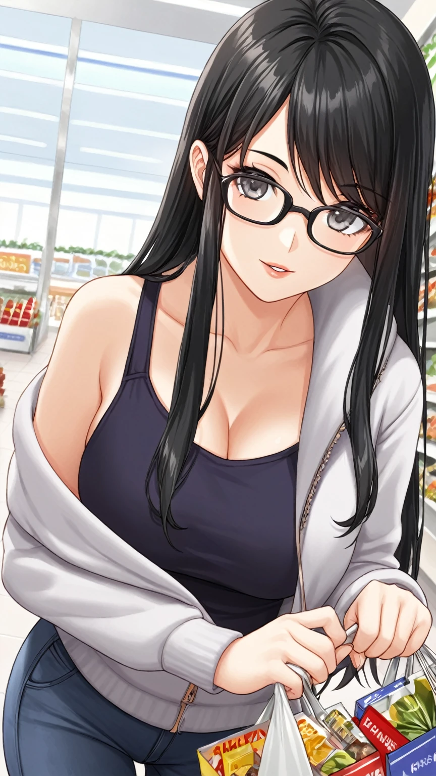 Black hair, long hair, glasses, winter clothes, shopping, shopping mall