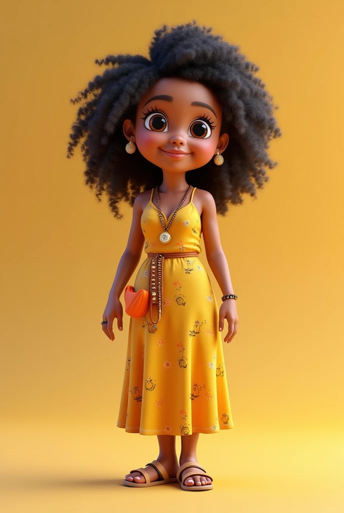 Create a full body 3d illustration of a black child with long curly hair in a dress