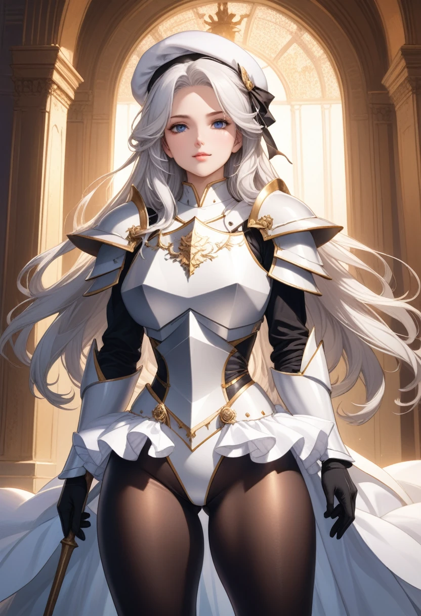 (solo),1girl,Azur Lane style,cowboy shot,A beautiful face with perfect makeup,Curvy body,stifled laugh,((white royal knight armor high leg leotard)),((black multicolored layered ruffle princess dress)),((Large shoulder armor leotard)),(leotard breastplate armor:1.3),(Beret:1.3),(thigh-high boots),((black pantyhose)),((white hair long straight hair:1.2)),(layered ruffle long cloak),He has a spear in his hand,a spear facing the ground,fitted bodice,puffed sleeves,big hair ribbon,Long hair parted bangs with volume,Huge voluminous saggy breasts,white dress elbow gloves,white thigh high boots,cleavage,beautiful blue eyes,perfectly accurate hand,perfect fingers,long glove,greeting,The Royal Palace's Great Hall,beautiful lighting,masterpiece,highest quality,8k,Ultra-detailed anime style,(cameltoe:0.5),